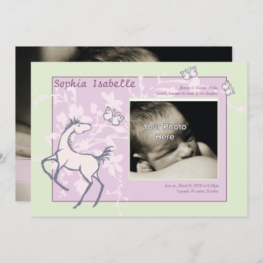 ベビーポニーと蝶の少女誕生発表 案内状 (正面/裏面)