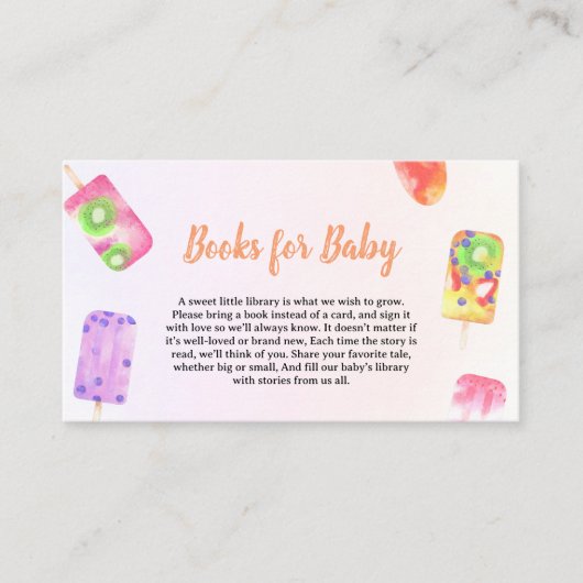 ベビーポプシクル水彩赤ちゃんシャワー用の本 エンクロージャーカード (正面)