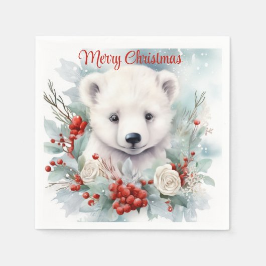 ベビーポーラベアカスタム文字ホリデーまたはクリスマス スタンダードカクテルナプキン (正面)