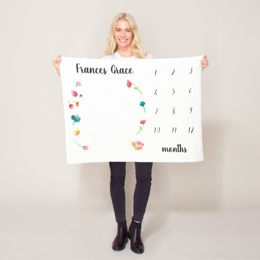 ベビーマイルストーン月の水彩の花 フリースブランケット (インサイチュ)