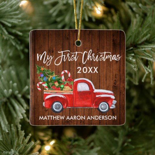 ベビーマイ初めてのクリスマスウッドレッドトラックキャンディーキャン セラミックオーナメント (ツリー)