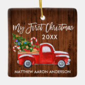 ベビーマイ初めてのクリスマスウッドレッドトラックキャンディーキャン セラミックオーナメント (正面)