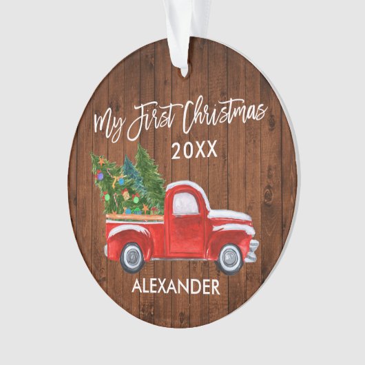 ベビーマイ初めてのクリスマスウッドヴィンテージレッドトラック オーナメント (正面)