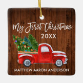 ベビーマイ初めてのクリスマスウッドヴィンテージレッドトラック セラミックオーナメント (正面)