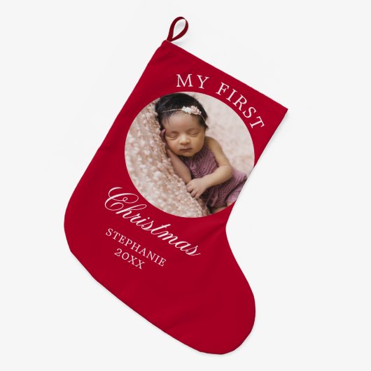 ベビーマイ初めてのクリスマスカスタムフォトレッド ラージクリスマスストッキング (正面 (吊り時))