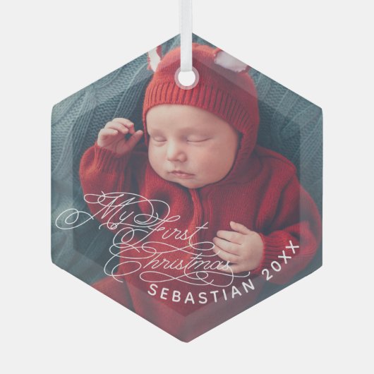 ベビーマイ初めてのクリスマスカスタム文字写真エレガント ガラスオーナメント (正面)