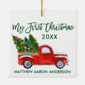 ベビーマイ初めてのクリスマスグリーンヴィンテージレッドトラック セラミックオーナメント (裏面)