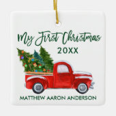 ベビーマイ初めてのクリスマスグリーンヴィンテージレッドトラック セラミックオーナメント (正面)
