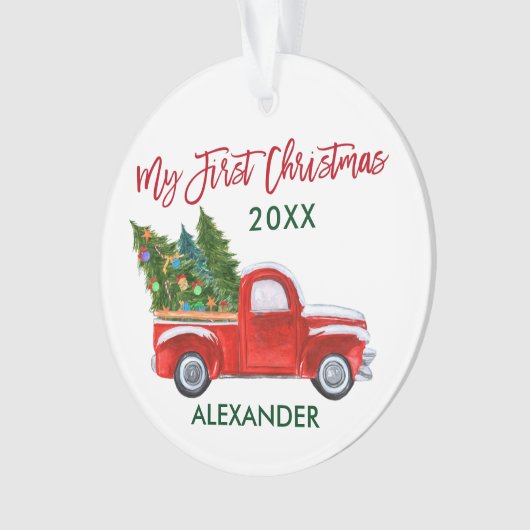 ベビーマイ初めてのクリスマスヴィンテージトラックレッドグリーン オーナメント (正面)