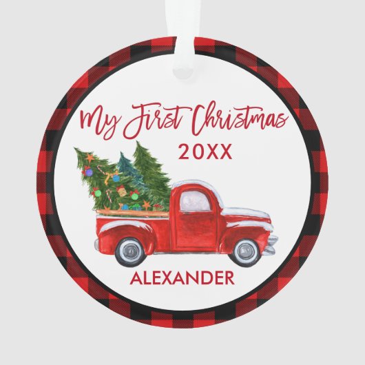 ベビーマイ初めてのクリスマスヴィンテージトラックレッドプレイド オーナメント (裏面)