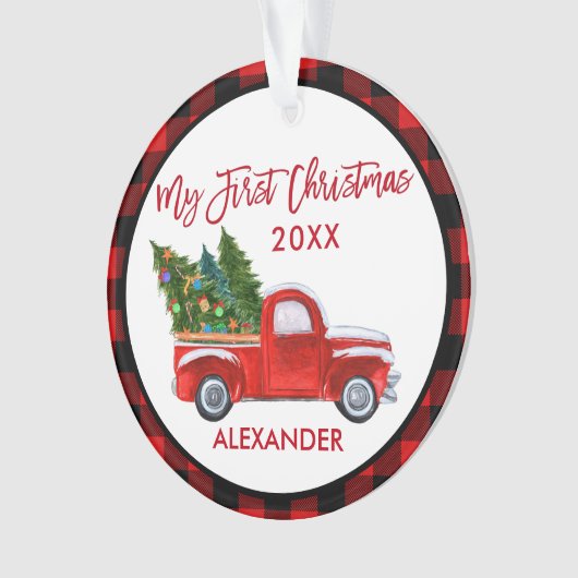 ベビーマイ初めてのクリスマスヴィンテージトラックレッドプレイド オーナメント (正面)