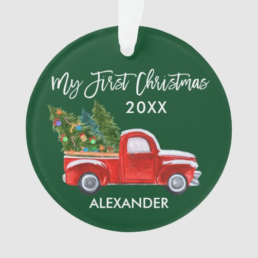 ベビーマイ初めてのクリスマスヴィンテージレッドトラックグリーン オーナメント (正面)