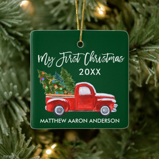 ベビーマイ初めてのクリスマスヴィンテージレッドトラックグリーン セラミックオーナメント (ツリー)