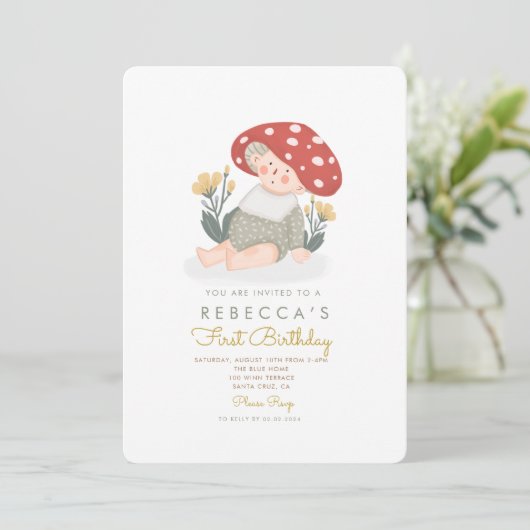 ベビーマッシュルームウッドランドフォレストファースト誕生日 招待状 (スタンド正面)
