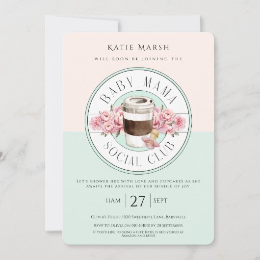ベビーママソーシャルクラブ – ティール(緑がかった色)ベビーシャワー 招待状 (正面)