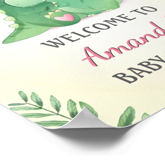 ベビーママ恐竜ピンクベビーガールシャワーウェルカム ポスター (角)