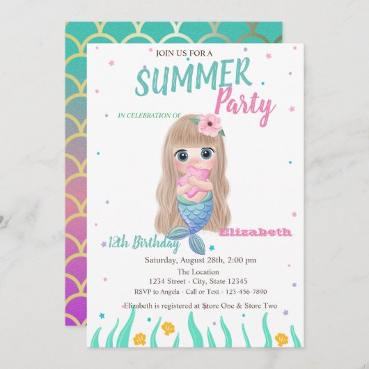 ベビーマーメイドはかりで測シーシェルズバースデーパーティー 招待状 (正面/裏面)