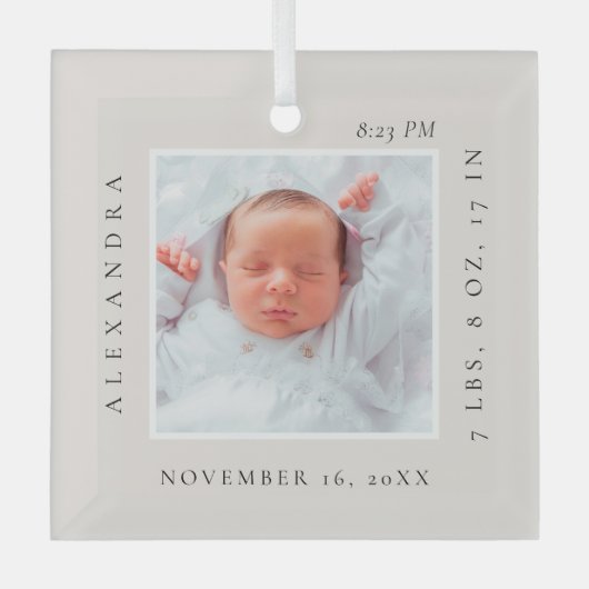 ベビーミニマル名&誕生統計フォトキープサケ ガラスオーナメント (正面)