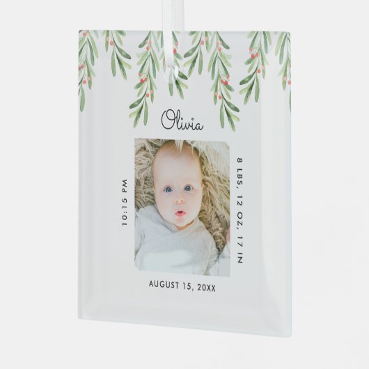 ベビーミニマル名&誕生統計フォトキープサケ ガラスオーナメント (正面左)