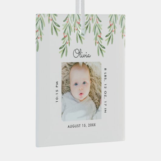 ベビーミニマル名&誕生統計フォトキープサケ ガラスオーナメント (正面右)