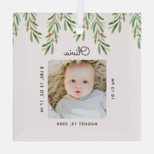 ベビーミニマル名&誕生統計フォトキープサケ ガラスオーナメント (裏面)