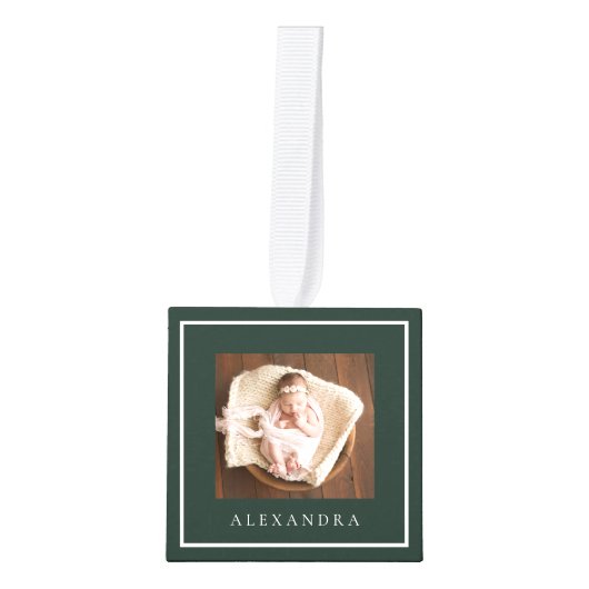 ベビーミニマル名&誕生統計フォトキープサケ キューブオーナメント (正面)