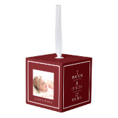 ベビーミニマル名&誕生統計フォトレッドキープサケ キューブオーナメント (裏面アングル)