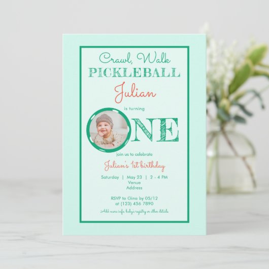 ベビーミントグリーンクロールウォークピックボール1st誕生日 招待状 (スタンド正面)