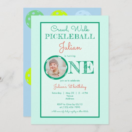 ベビーミントグリーンクロールウォークピックボール1st誕生日 招待状 (正面/裏面)