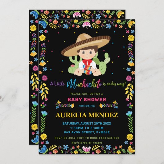 ベビームチャチトフィエスタメキシコ男の赤ちゃんシャワー  招待状 (正面/裏面)