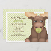 ベビームースベビーシャワー招待状 – 緑&茶色 招待状 (正面/裏面)