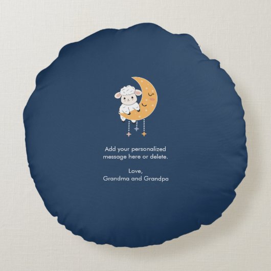 ベビームーンパターンの子羊とメッセージパーソナライズされた付き ラウンドクッション (裏面)