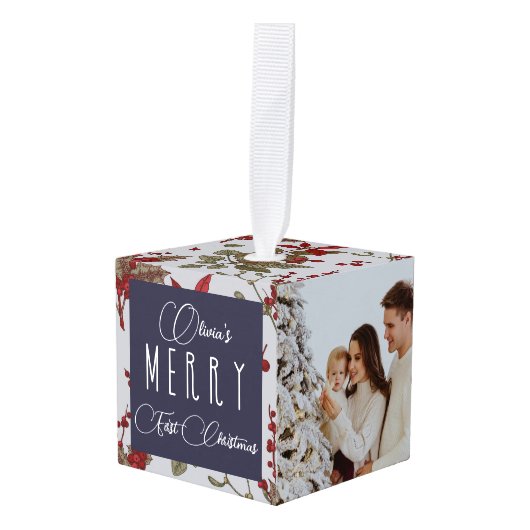 ベビーメリー初めてのクリスマス、名前、写真、 キューブオーナメント (正面アングル)