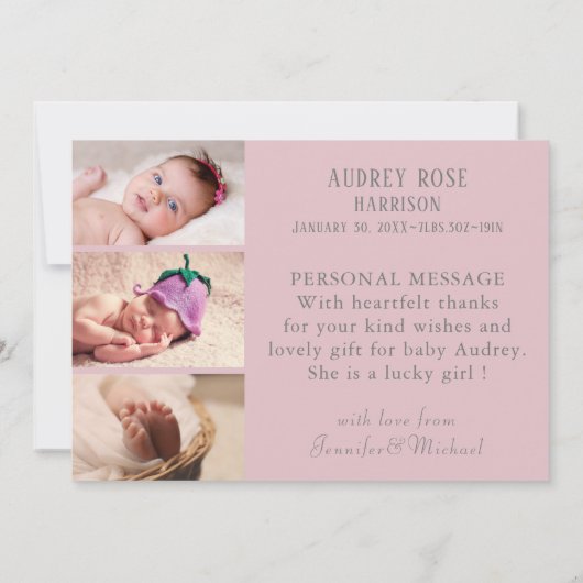 ベビーモダンガールフォト赤面ピンクサンキュー誕生 案内状 (裏面)