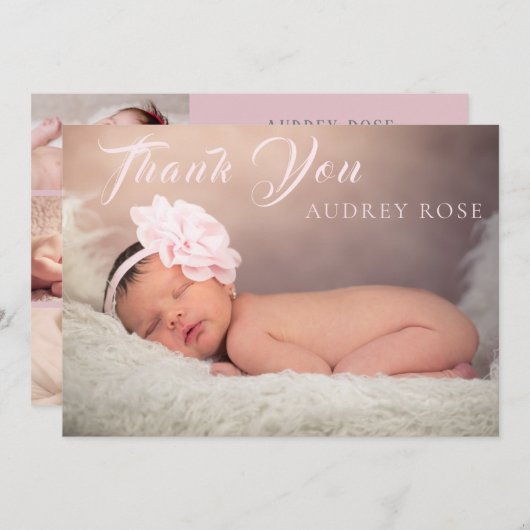 ベビーモダンガールフォト赤面ピンクサンキュー誕生 案内状 (正面/裏面)