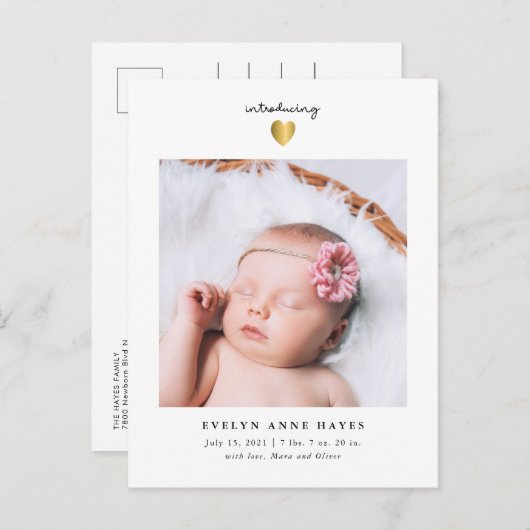 ベビーモダンガールフォト金ゴールドハート誕生 案内ポストカード (正面/裏面)