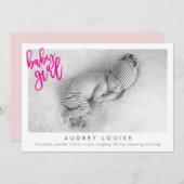 ベビーモダンガール写真の書道オーバーレイピンク 案内状 (正面/裏面)
