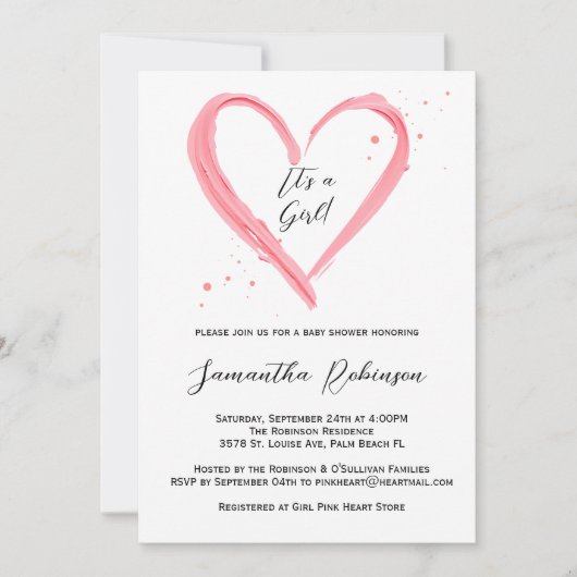 ベビーモダンガール赤面ピンクハートベビーシャワー 招待状 (正面)