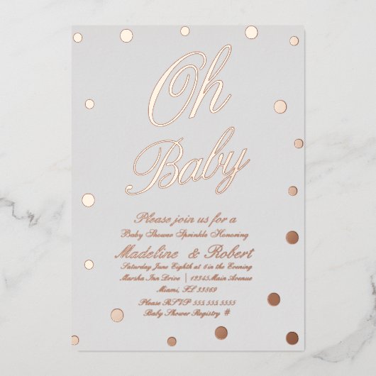 ベビーモダンシャワー金ゴールドドット押し 箔招待状 (正面)