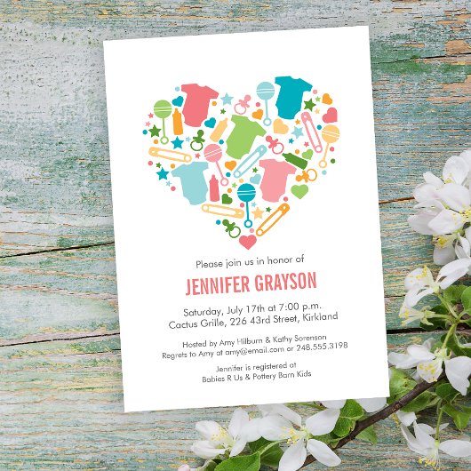 ベビーモダンハートピンクアクアイエローベビーシャワー 招待状