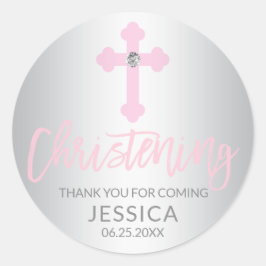 ベビーモダンピンククロス《キリスト教》洗礼式や命名式ガールサンキューユー ラウンドシール