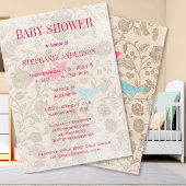ベビーモダンヴィンテージバードシャワーアクアピンク 招待状