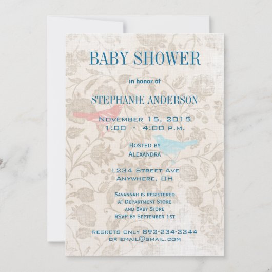 ベビーモダンヴィンテージバードシャワーアクアブルー 招待状 (正面)