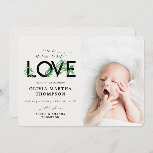 ベビーモダン熱帯緑の写真誕生 案内状 (正面/裏面)