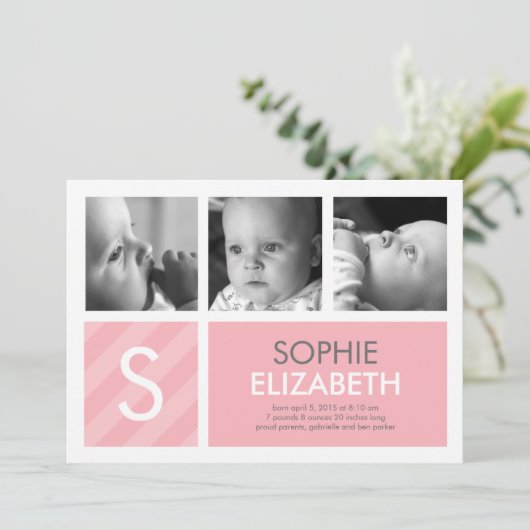 ベビーモダン- 3枚の写真の誕生の告知 案内状 (スタンド正面)