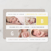 ベビーモノグラムボーイガールツインズイエロー4フォト誕生 案内状 (正面/裏面)