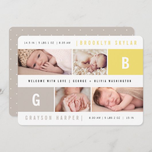 ベビーモノグラムボーイガールツインズイエロー4フォト誕生 案内状 (正面/裏面)