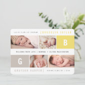 ベビーモノグラムボーイガールツインズイエロー4フォト誕生 案内状 (スタンド正面)