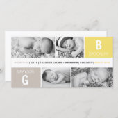 ベビーモノグラムボーイガールツインズ4フォトイエロー誕生 案内状 (正面/裏面)