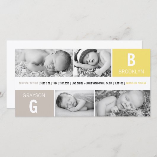 ベビーモノグラムボーイガールツインズ4フォトイエロー誕生 案内状 (正面/裏面)